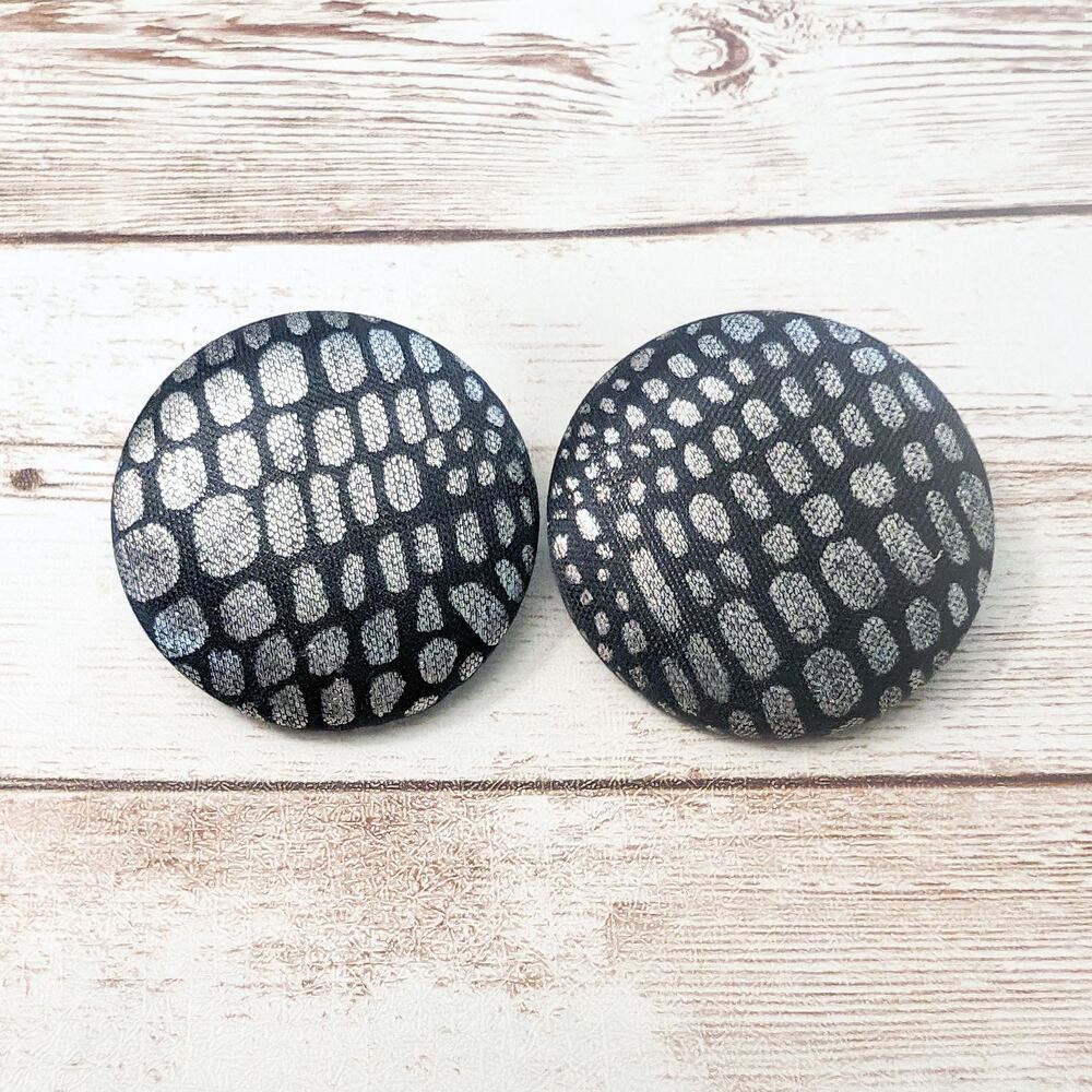 Vintage Clip On Earrings - Large Black with Silver Tone Design